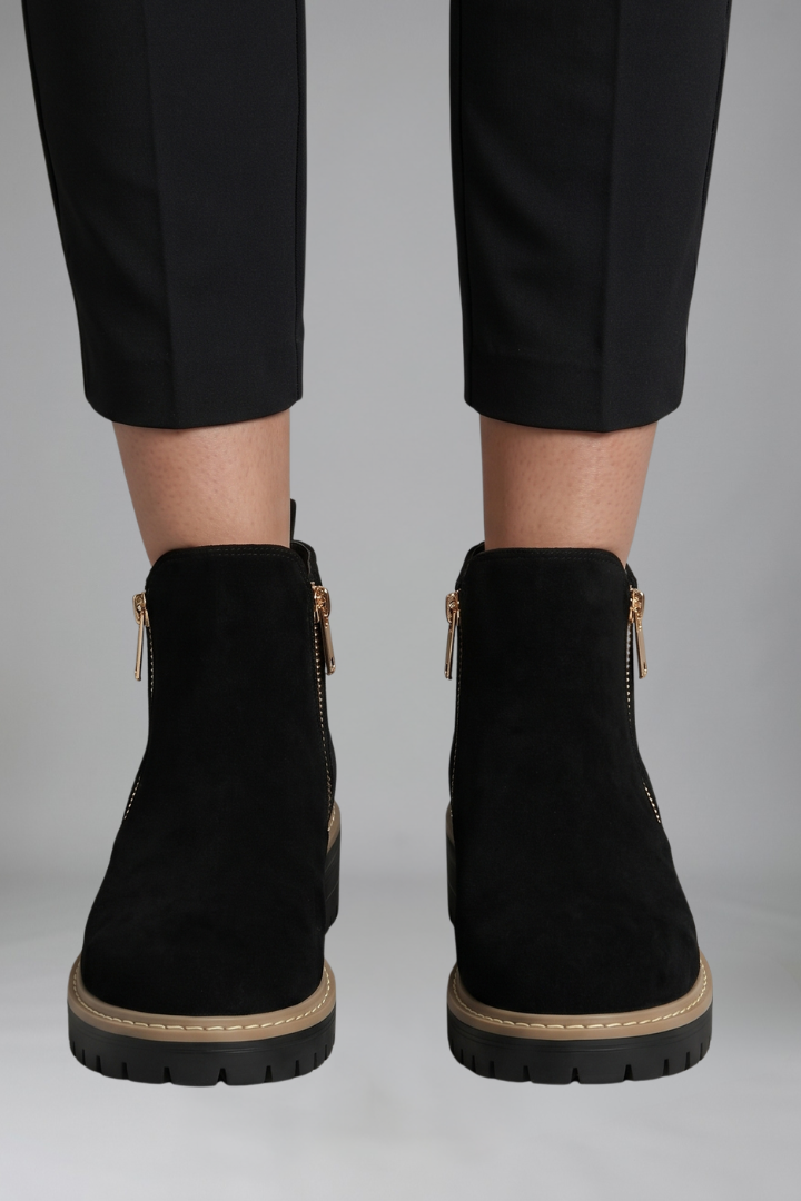 Women's ankle boots, black suede look, side zip, rugged tread sole
