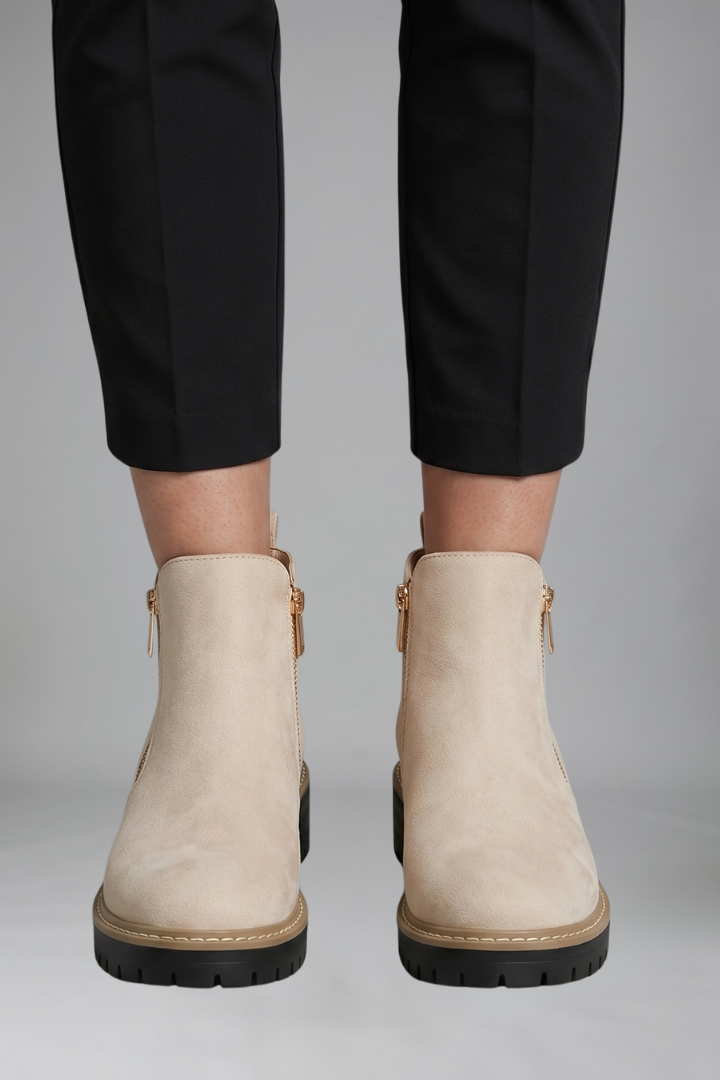 Women's ankle boots, beige suede look, side zip, cushioned tread sole