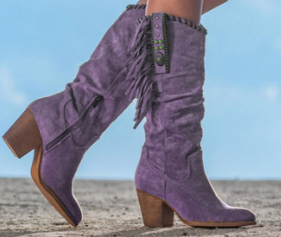 Purple suede slouch boots with block heel and decorative side strap