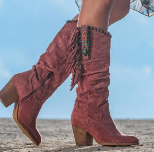Burgundy suede slouch boots with block heel and decorative side strap