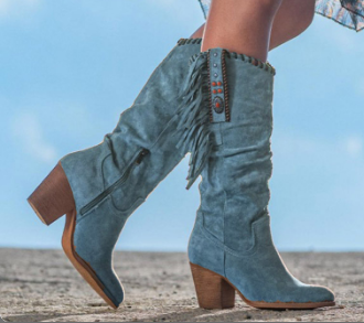 Dusty blue suede slouch boots with block heel and decorative side strap