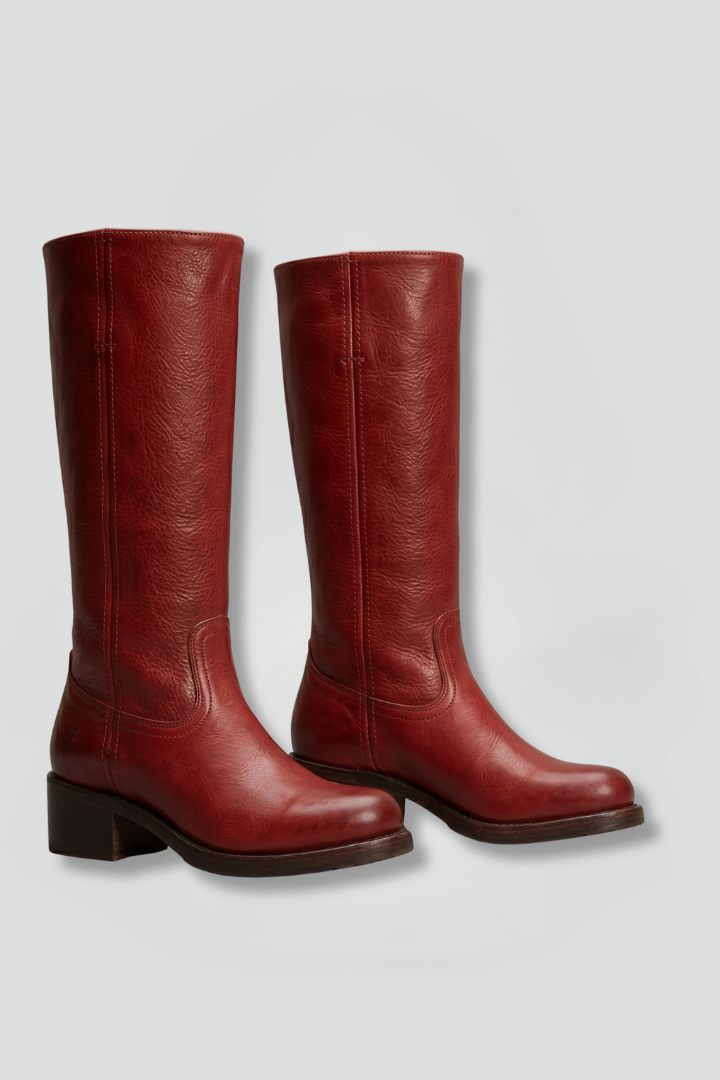 Women’s mid-calf orthopedic boots in red leather with low stacked heel and pull-on style