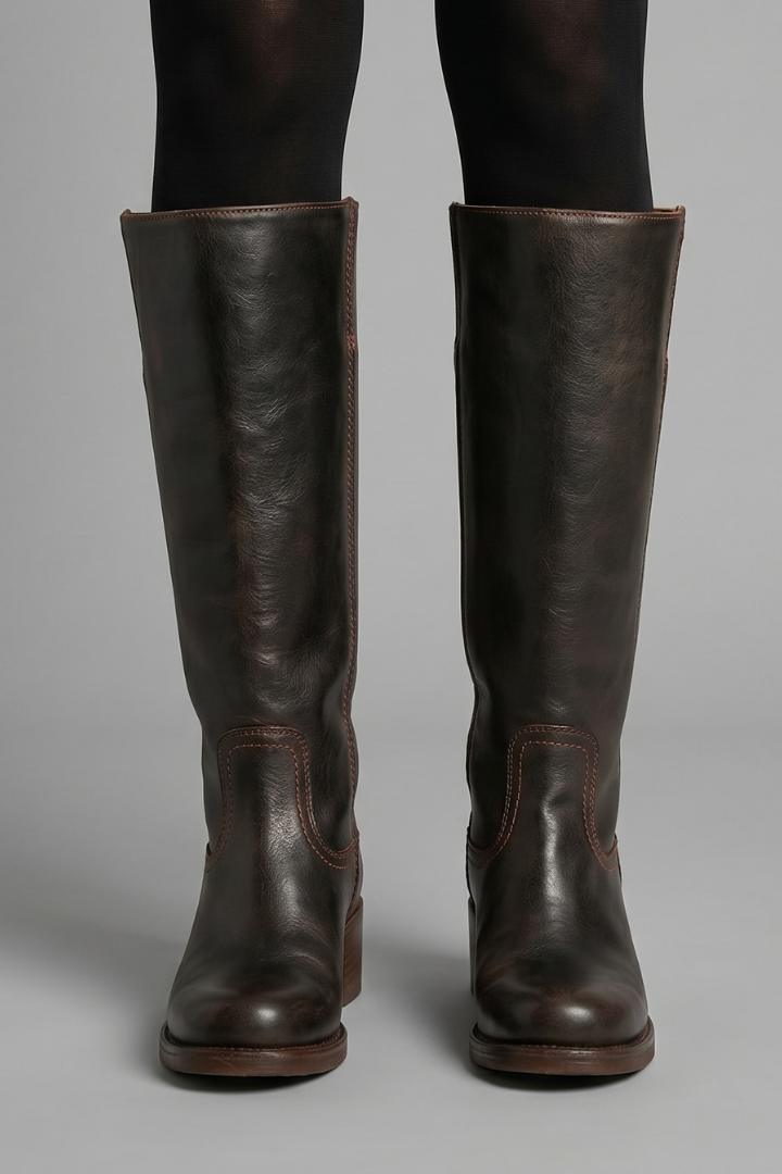 Women’s mid-calf orthopedic boots in dark brown leather with pull-on fit and low stacked heel