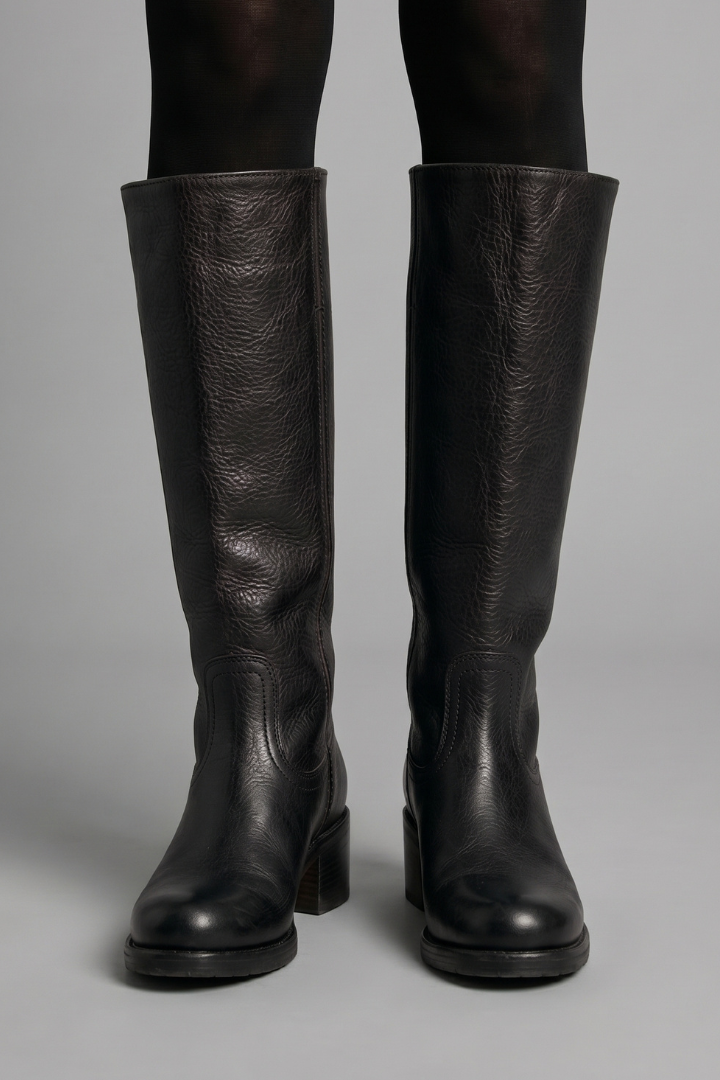 Women’s mid-calf orthopedic boots in black leather with pull-on fit and low block heel