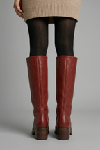 Women’s mid-calf orthopedic boots in red leather with rounded toe and low stacked heel