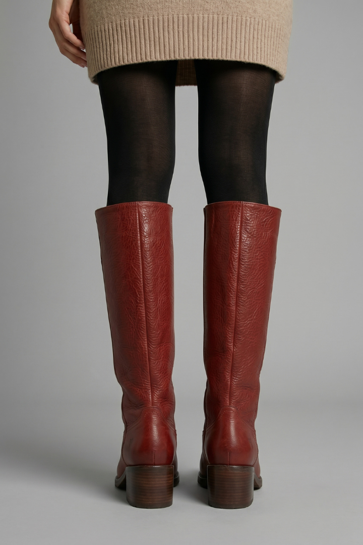 Women’s mid-calf orthopedic boots in red leather with rounded toe and low stacked heel