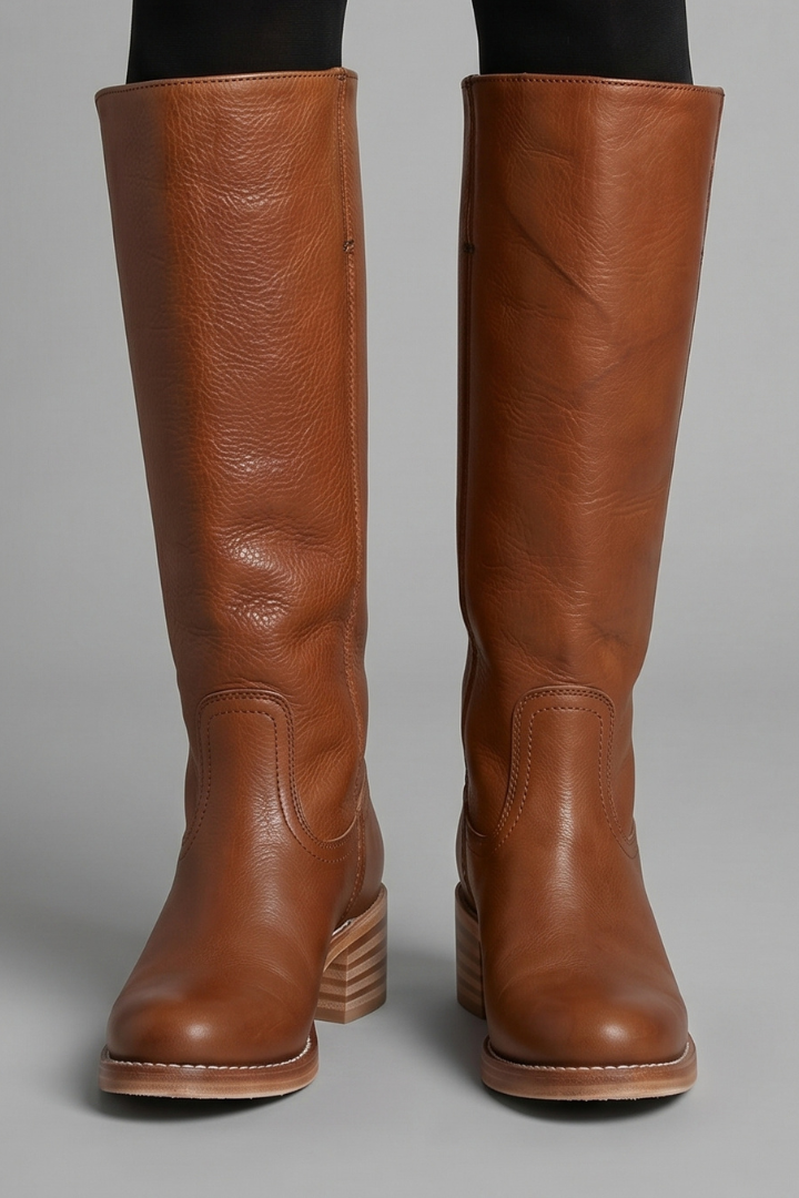 Women’s mid-calf orthopedic boots in light brown leather with pull-on fit and low stacked heel