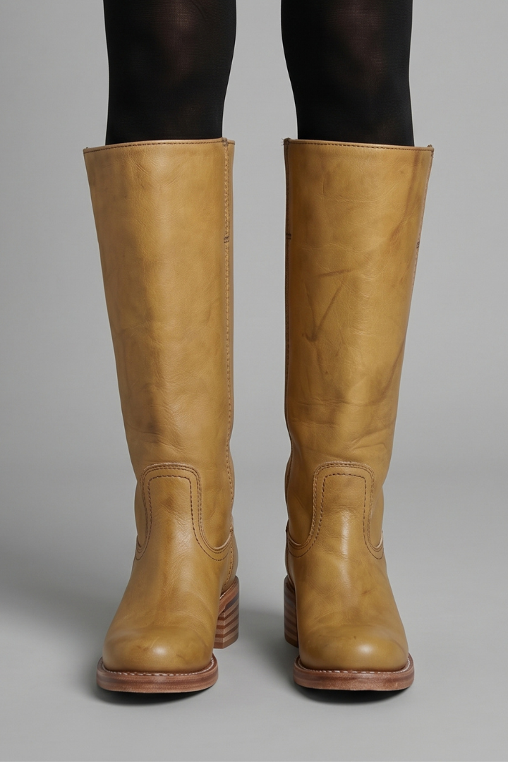Women’s orthopaedic mid-calf boots in light brown with stitched seams and rounded toe