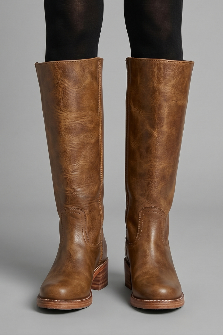 Women’s mid-calf orthopedic boots in tan leather with pull-on fit and low block heel