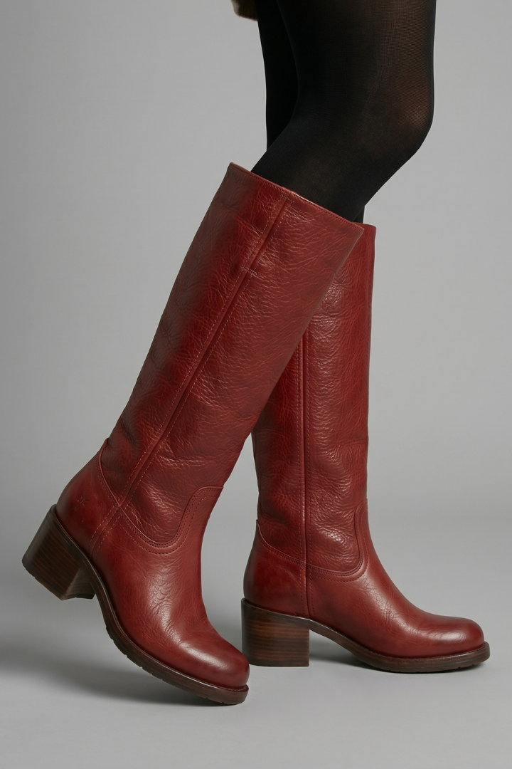 Women’s mid-calf orthopedic boots in red leather with side seams and low block heel