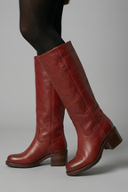 Women’s mid-calf orthopedic boots in red leather with textured panels and low block heel