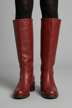 Women’s mid-calf orthopedic boots in red leather with tall shaft and low block heel