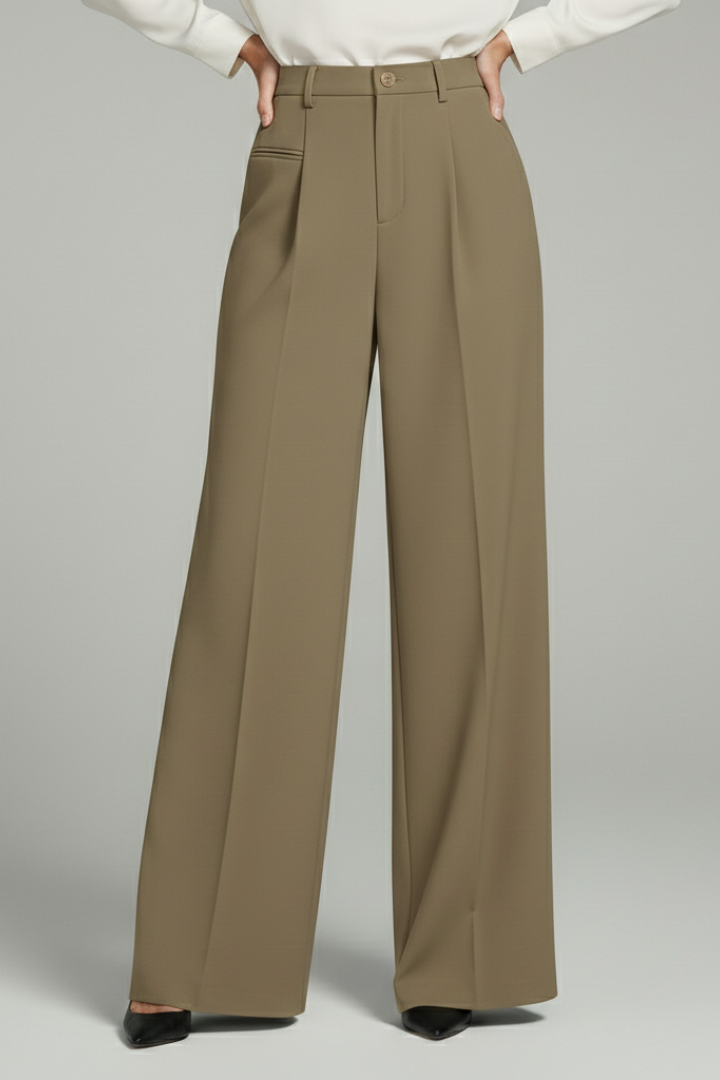 Women’s palazzo trousers, khaki, front pleats and back pockets