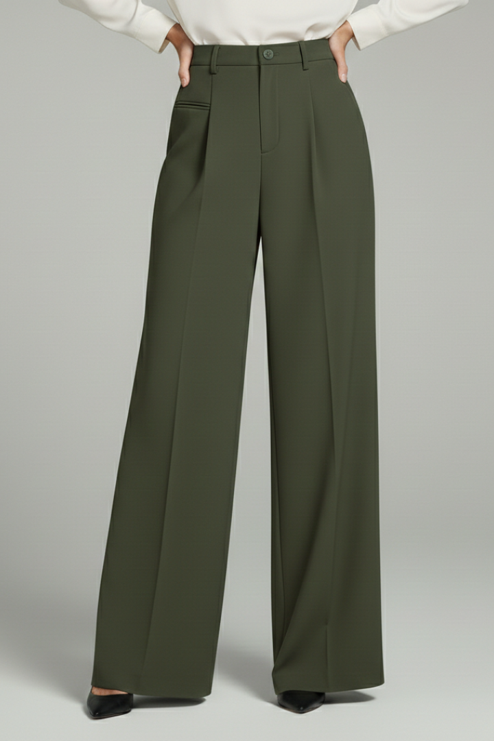 Women’s olive green palazzo trousers with front pleats and back pockets, wide-leg fit