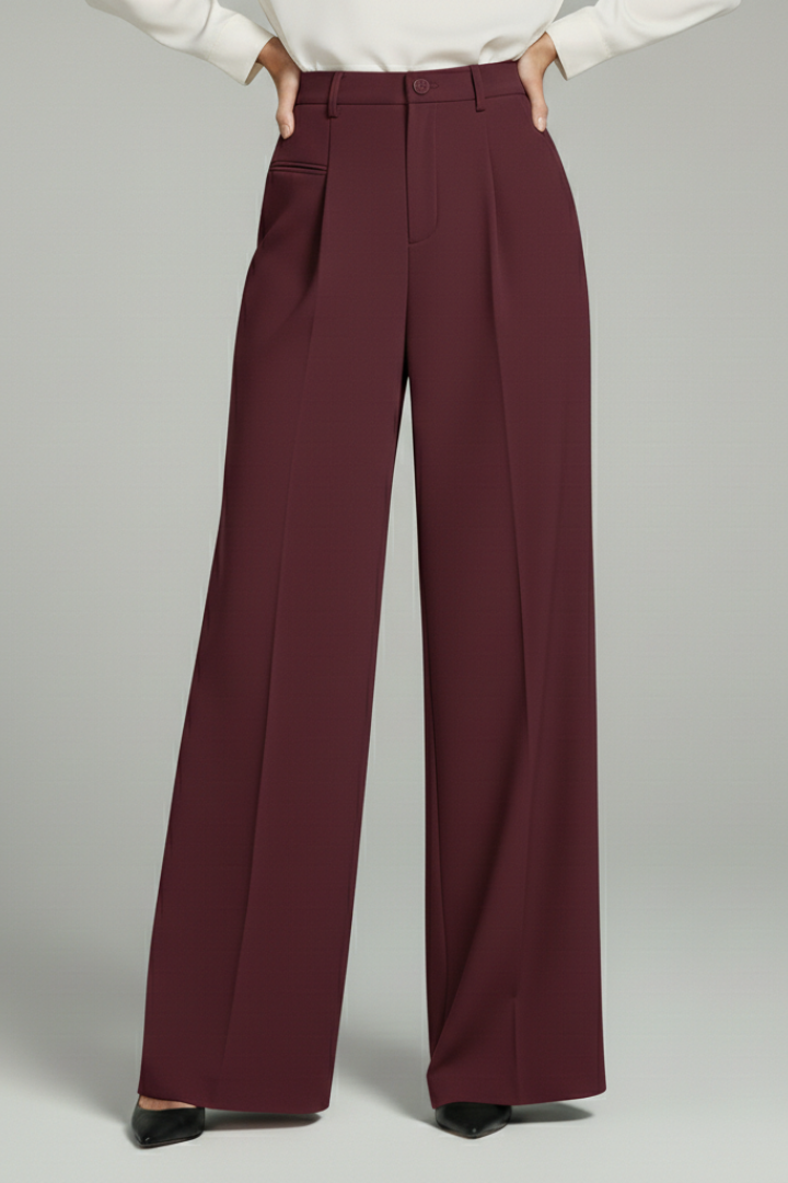 Women’s palazzo trousers, burgundy, front pleats and back pockets