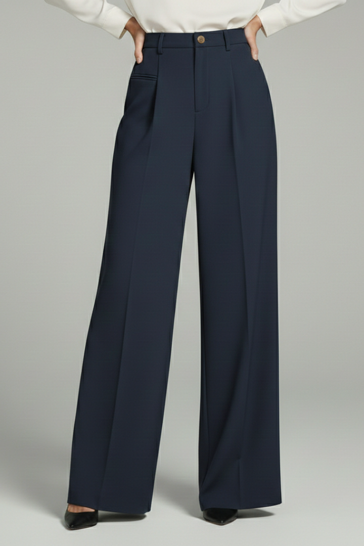 Women’s palazzo trousers, navy blue, front pleats and back pockets