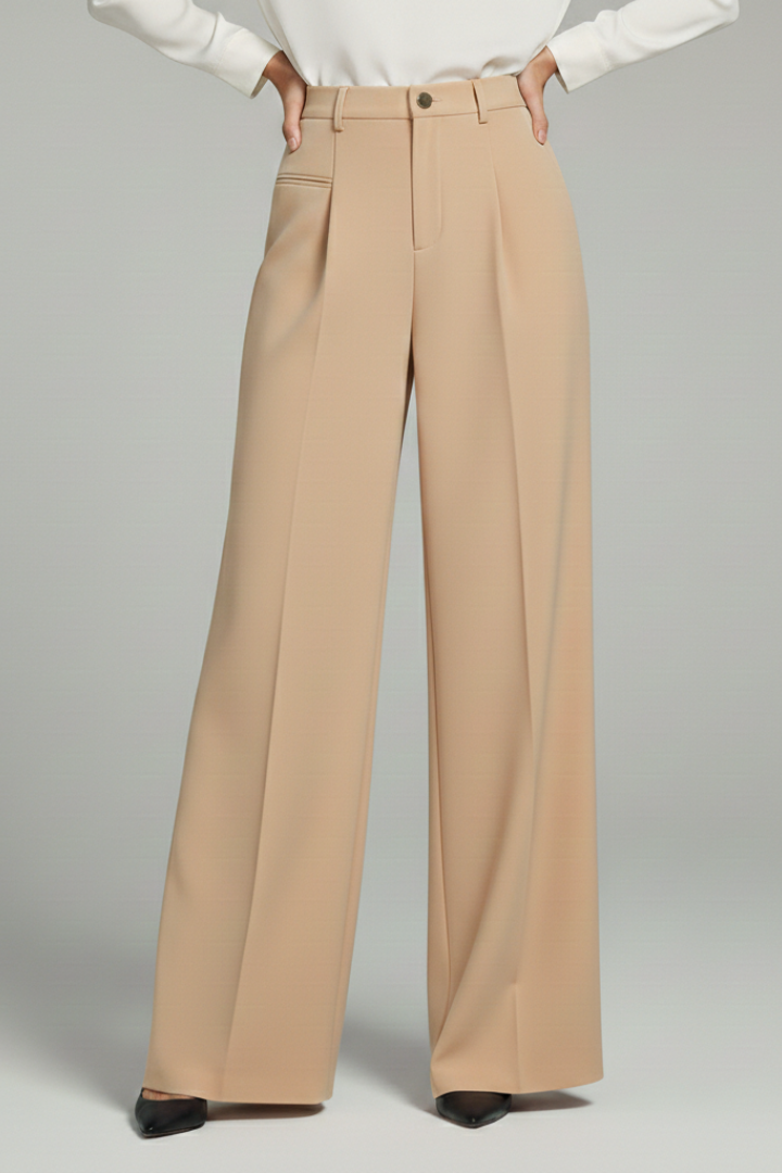 Women’s palazzo trousers, beige, front pleats and back pockets