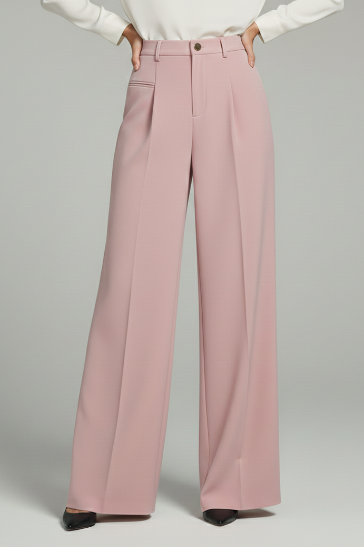 Women’s light pink palazzo trousers with front pleats and back pockets, wide-leg fit