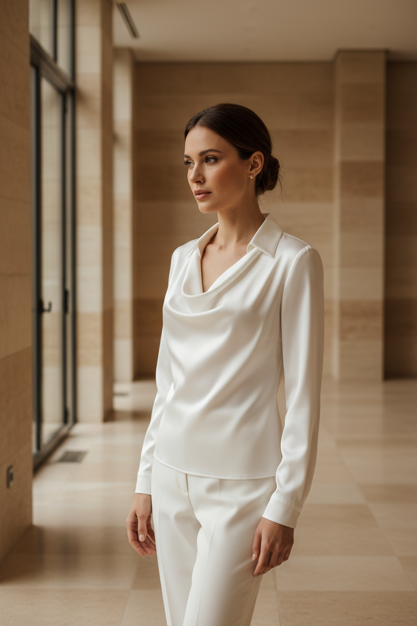 White satin blouse with draped collar and long sleeves