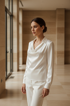 White satin blouse with draped collar and long sleeves