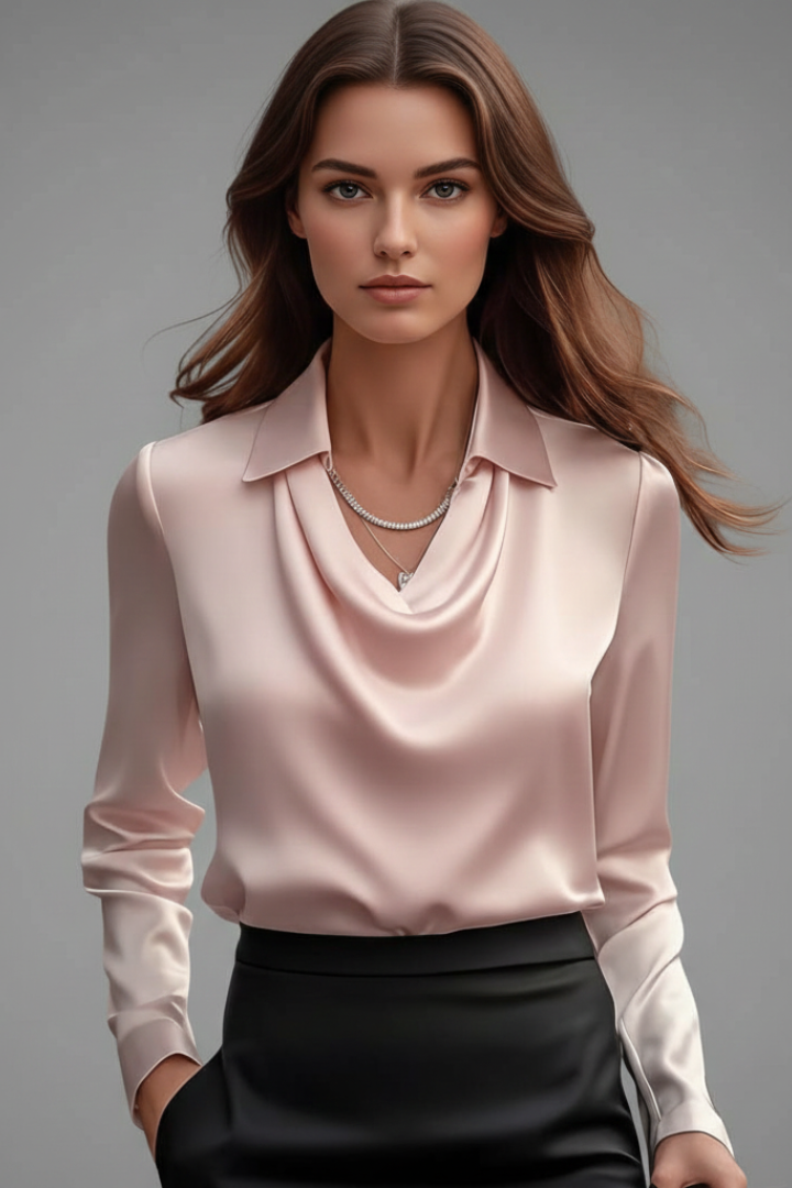 Women’s satin blouse with draped collar, long sleeves, light pink