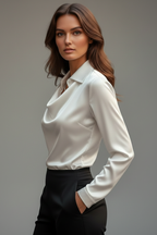 White satin draped-collar blouse with long sleeves