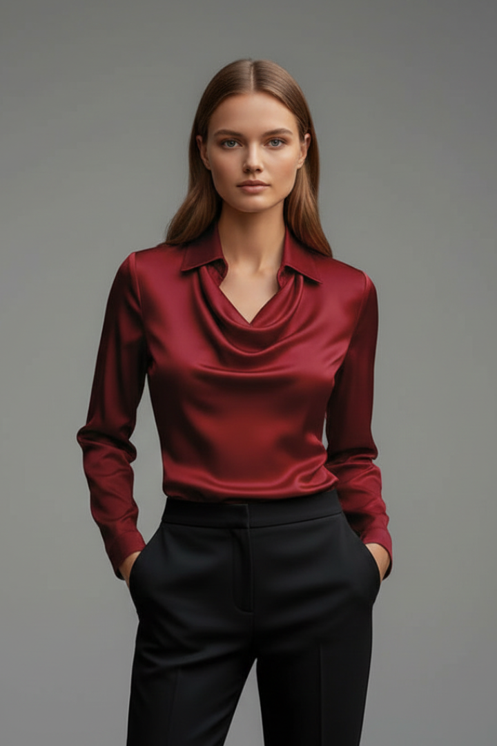 Burgundy satin blouse with draped collar and long sleeves