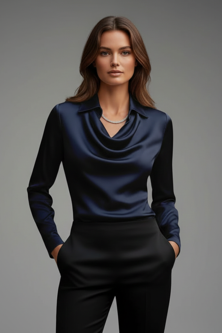 Navy satin blouse with draped collar and long sleeves