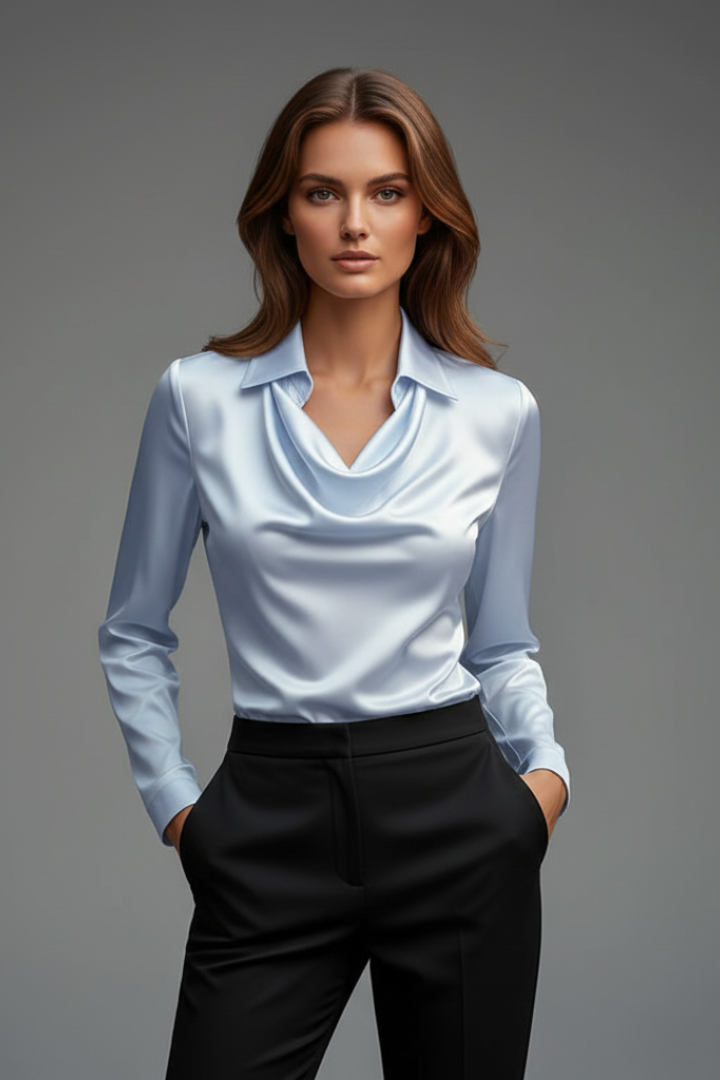 Light blue satin blouse with draped collar and long sleeves