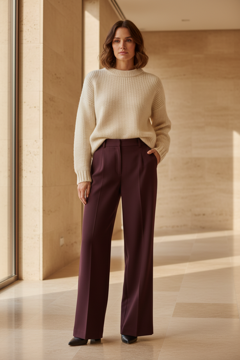 Women’s high-waist straight-leg trousers, wine red with button closure