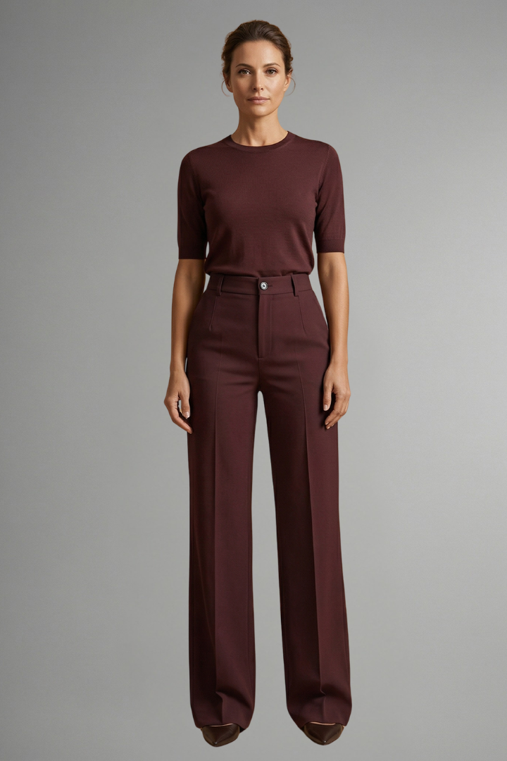 High-waist straight-leg trousers in dark burgundy with buttoned waistband
