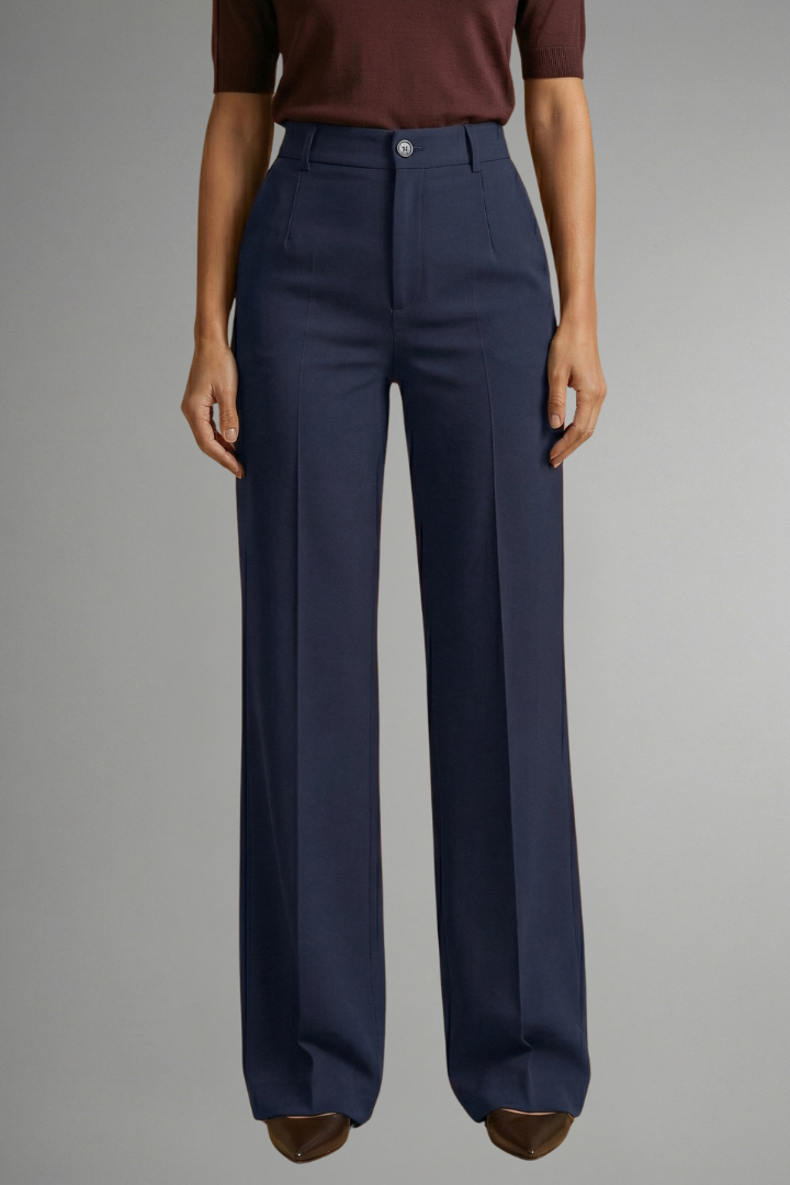 Women’s high-waist straight-leg trousers in dark blue with button waistband and pockets