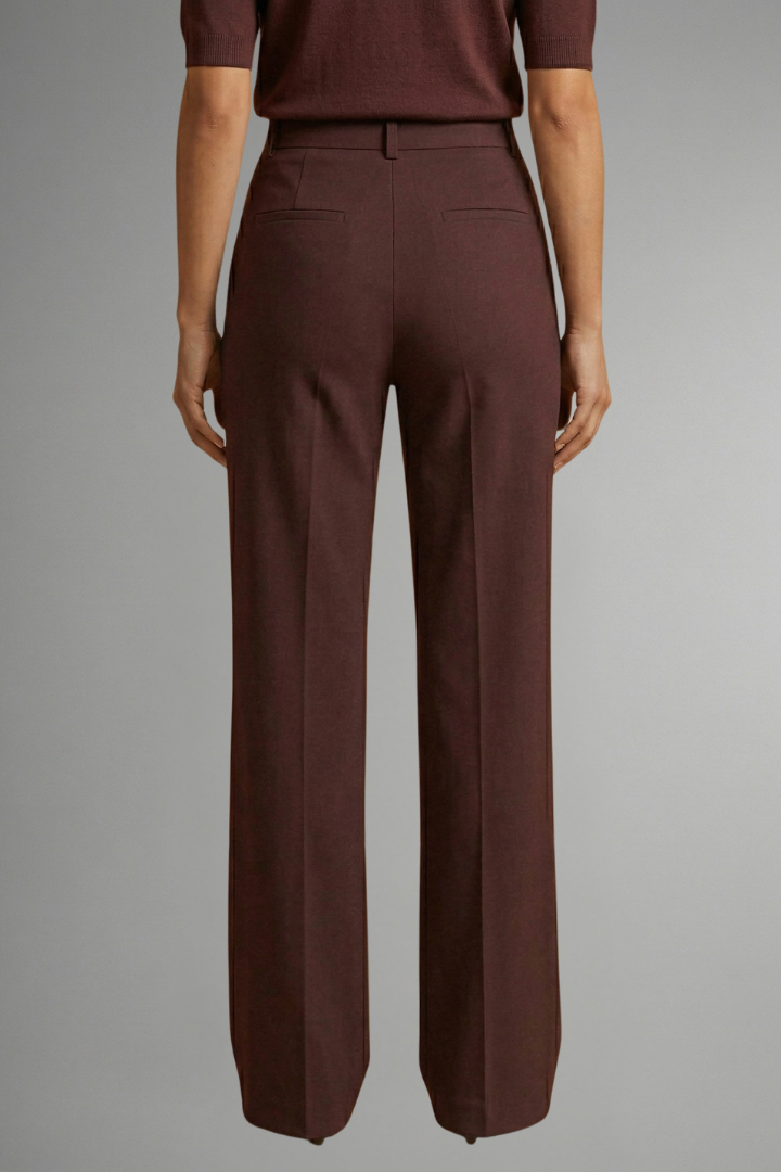 Women’s high-waist straight-leg trousers in wine red, side view with zip fly