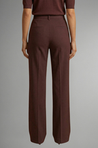 Women’s high-waist straight-leg trousers in wine red, side view with zip fly