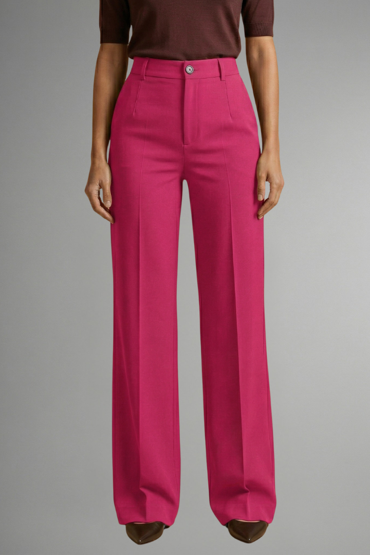 High-waist straight-leg trousers in wine red with buttoned waistband