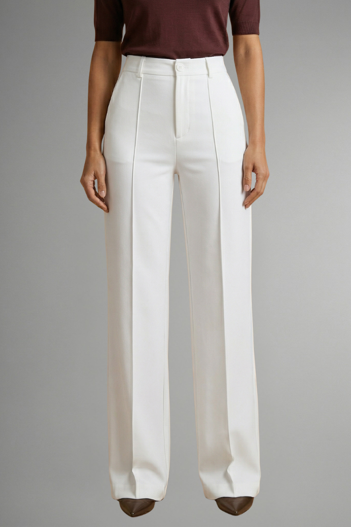 High-waist straight-leg trousers in white with pressed front creases