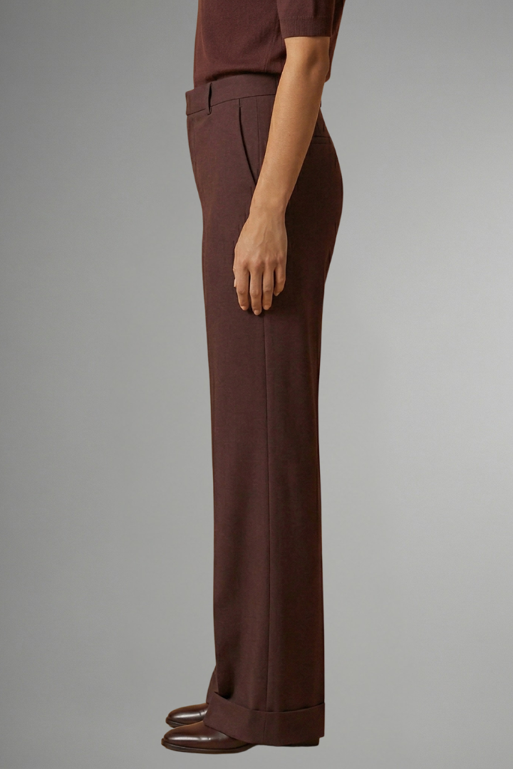 Women’s high-waist straight-leg trousers in wine red, angled side view