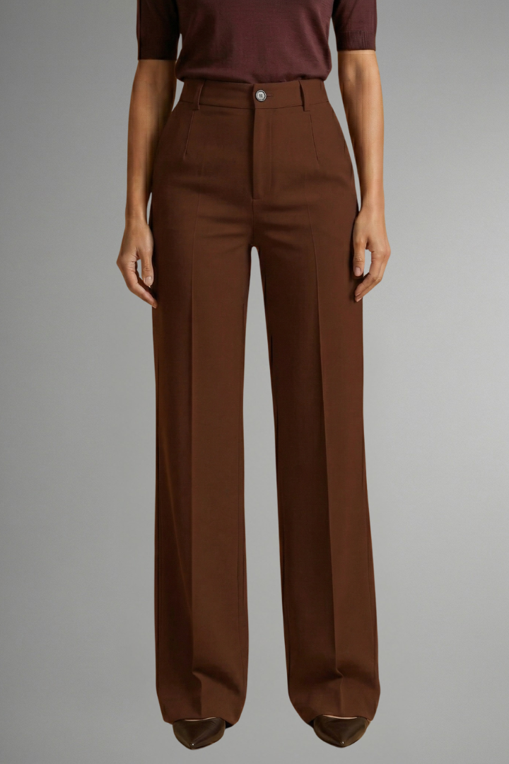 Women’s high-waist straight-leg trousers in brown with button waistband and pockets