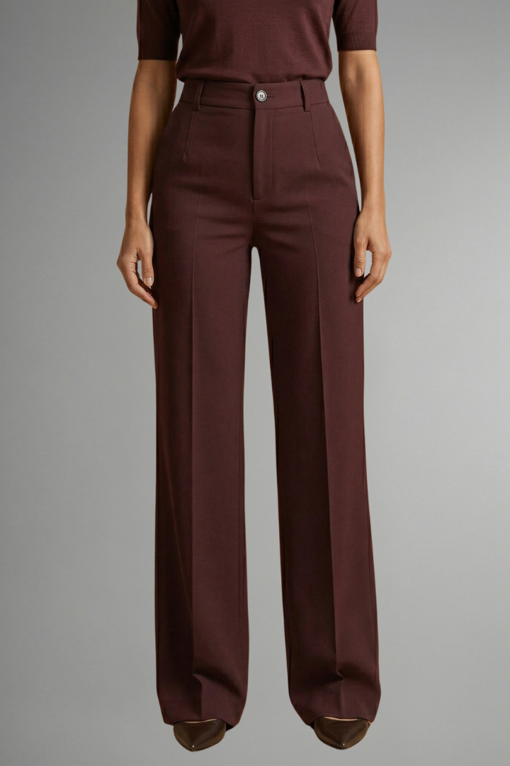 Women’s high-waist straight-leg trousers in wine red, front view