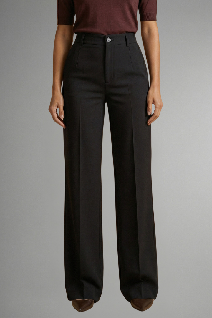 Women’s high-waist straight-leg trousers in black with button waistband and front pockets