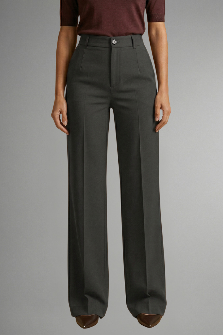 Women’s high-waist straight-leg trousers in dark grey with button waistband and front pockets