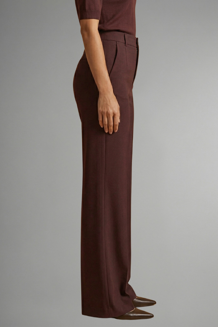 Women’s high-waist straight-leg trousers, wine red with front crease and pockets