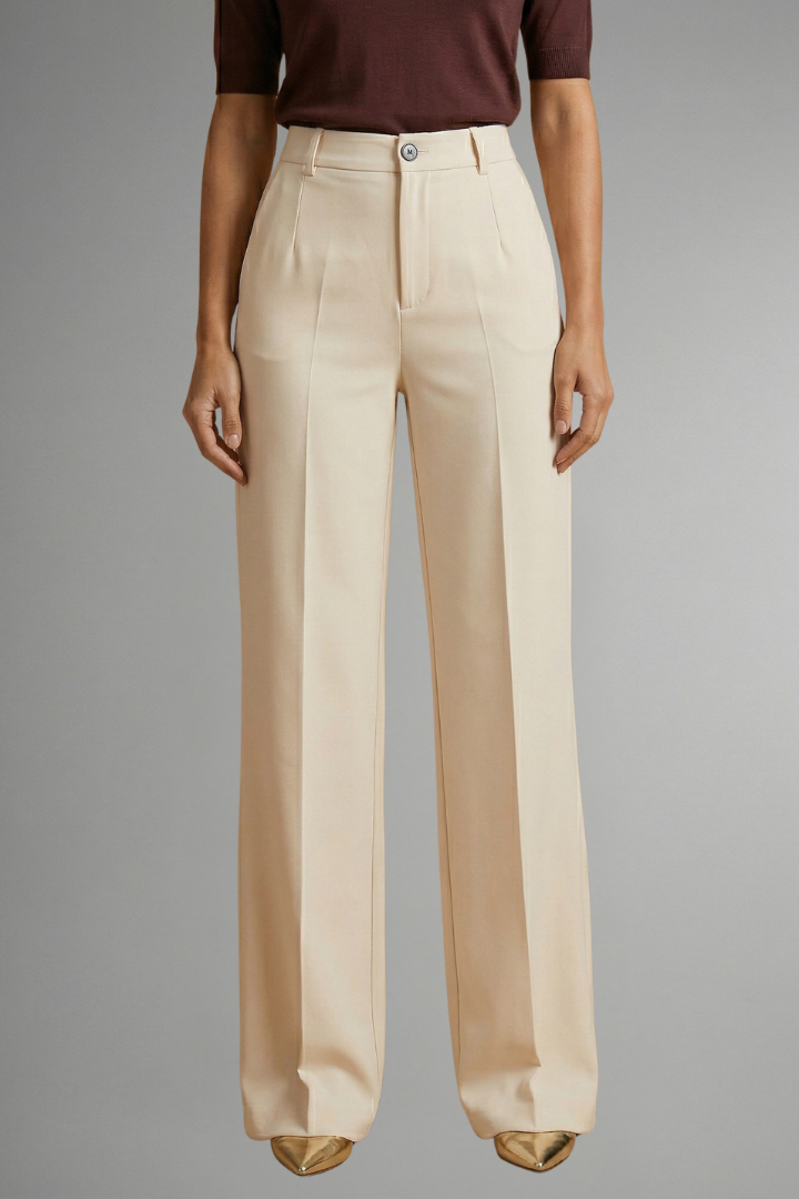 Women’s high-waist straight-leg trousers in beige with button waistband and front pockets