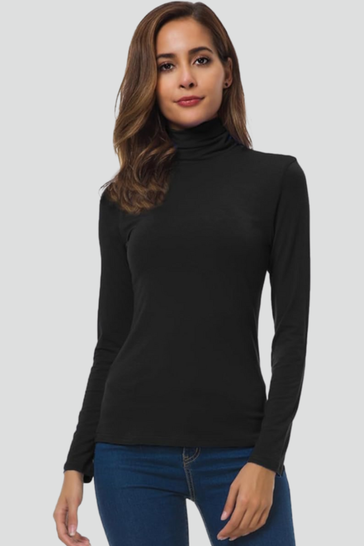 Women’s turtleneck sweater with long sleeves, plain black knit