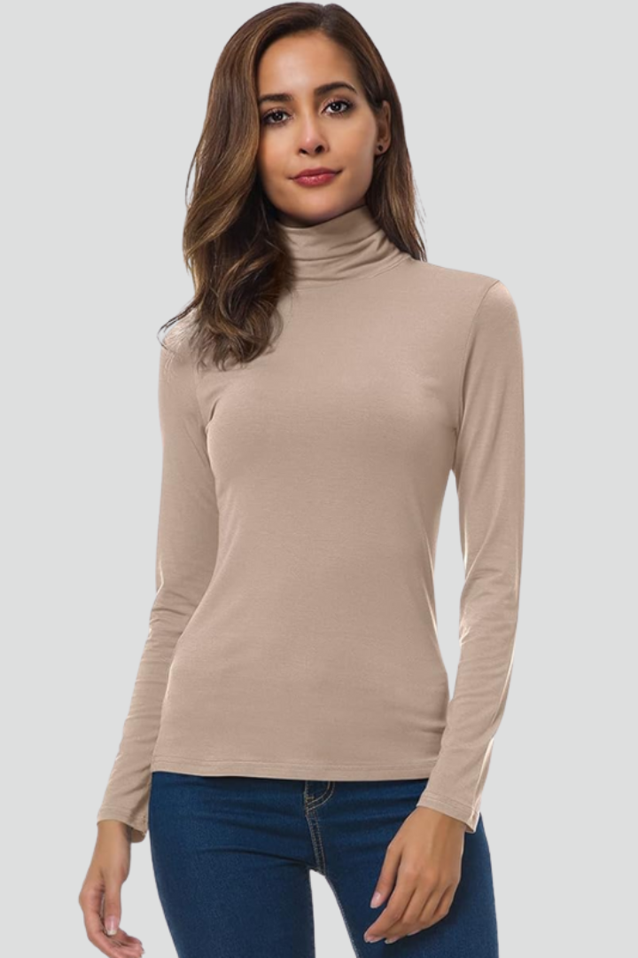 Women’s long-sleeve turtleneck sweater, khaki-beige fitted knit