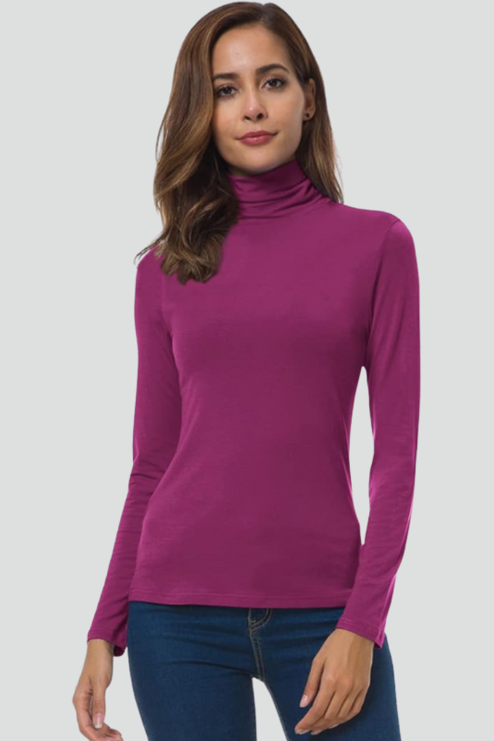 Women's long-sleeve turtleneck sweater, solid fuchsia, fitted plain knit