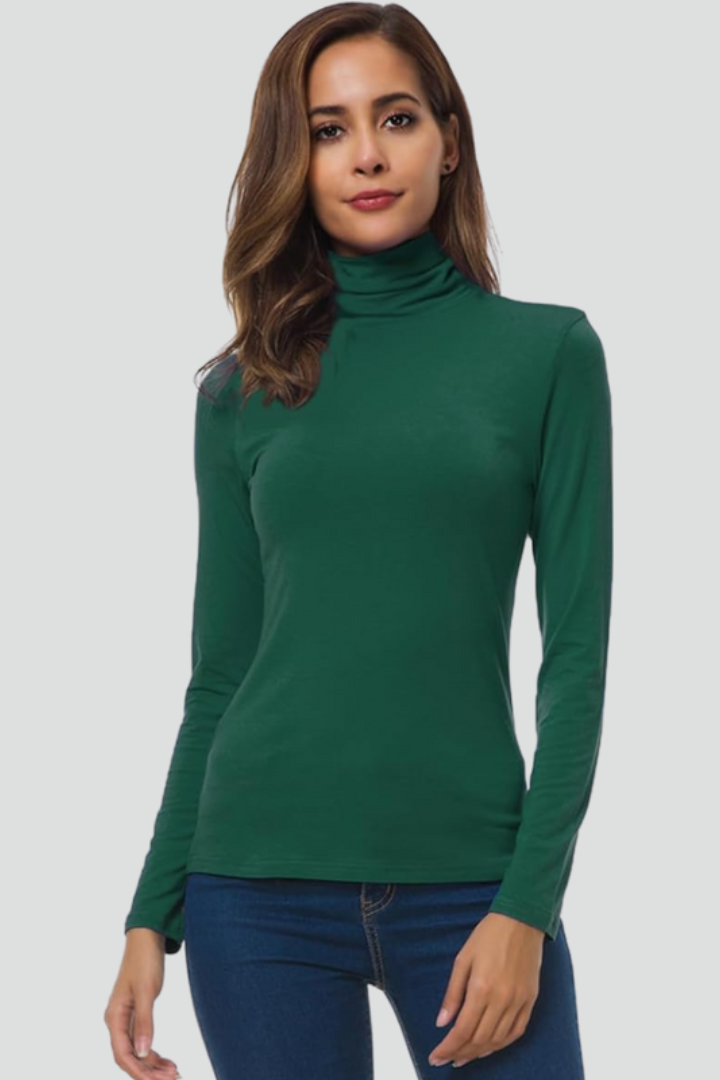 Women's long-sleeve turtleneck sweater, solid green, fitted plain knit