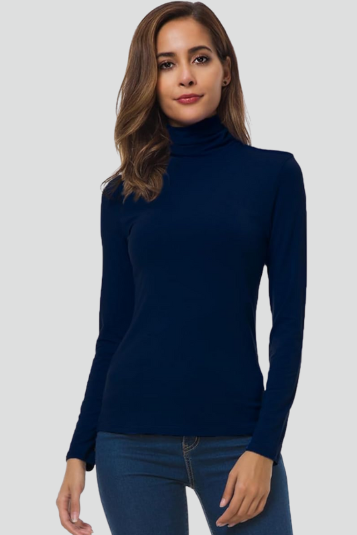 Women's long-sleeve turtleneck sweater, solid navy, fitted plain knit