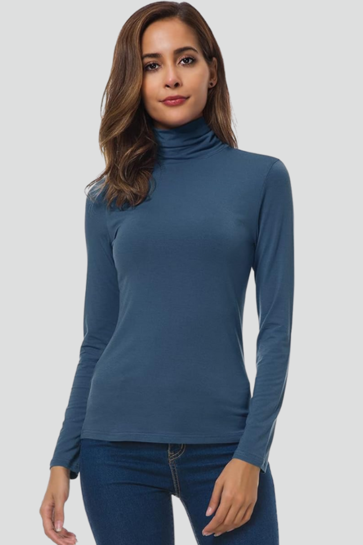 Women's long-sleeve turtleneck sweater, solid blue, fitted plain knit