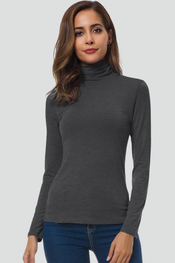 Women's long-sleeve turtleneck sweater, solid dark gray, fitted plain knit
